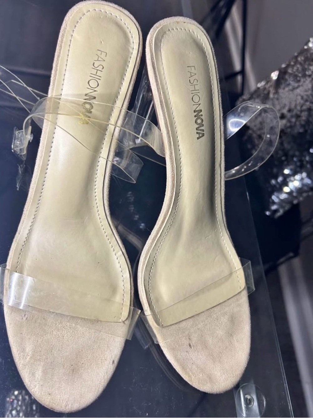 Fashion Nova Beige Clear Strap Slide Mules